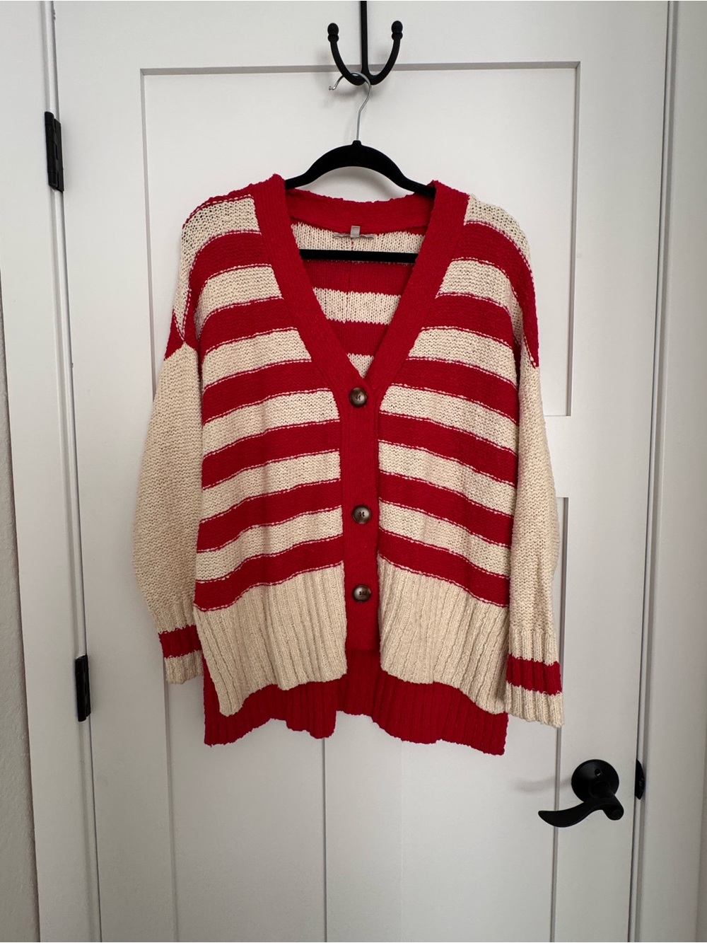 Women's Red and Cream Striped Button Cardigan Sweater - Picture 2 of 2